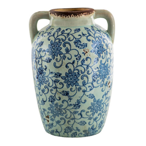 CLAYRE E EEF Vaso Anfora decorativa in ceramica bianco con fiori blu 16x15x24 cm
