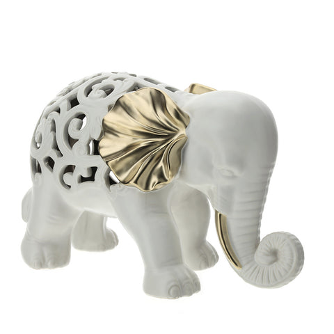 HERVIT Decorazione statuina elefante porcellana bianca e oro traforata 35x22 cm