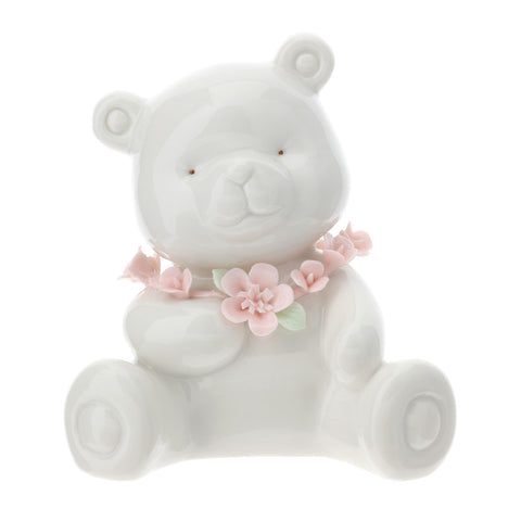 Hervit Statuina orsetto in porcellana con fiori rosa idea bomboniera H11cm
