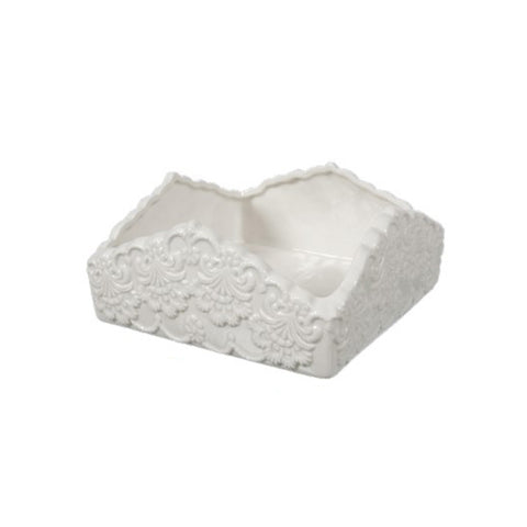 COCCOLE DI CASA Porta tovaglioli da tavola quadrato in ceramica bianca con ghirigori Shabby Chic "Daphne" 20x20x10 cm