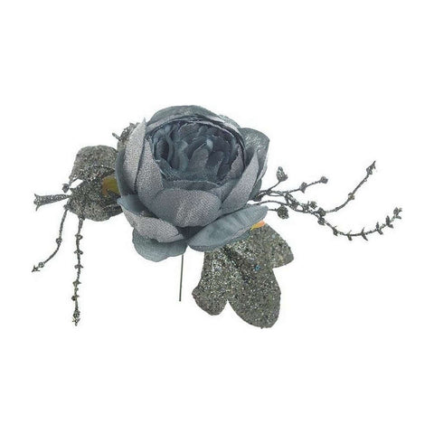 INART Fiore artificiale decorazione fiore con glitter argento tessuto blu H20 cm