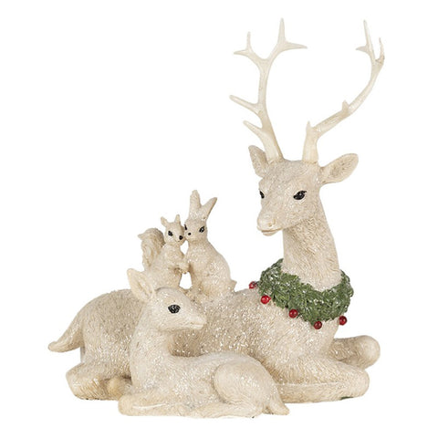 Clayre & Eef Statua decorativa natalizia cervo e scoiattoli bianco 16x9x18 cm