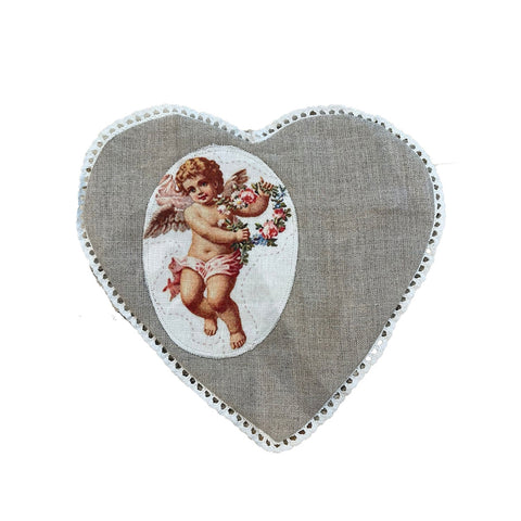 BLANC MARICLO' Sacchetto in lino a cuore con angeli LES ANGES 2 varianti 18x20cm
