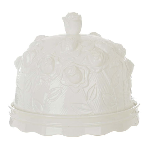 BLANC MARICLO' Vassoio rotondo con campana roselline ceramica bianca 26x26x21 cm