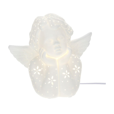 HERVIT Lampada angelo con fiori traforati porcellana biscuit bianco 24x23 cm