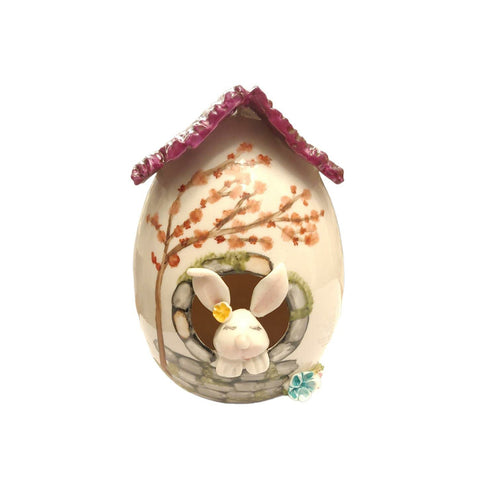 SBORDONE Uovo casetta con coniglio artigianale decoro pasquale in porcellana h10cm