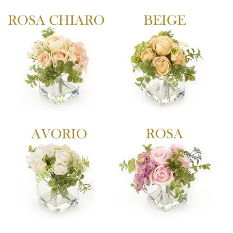 NUVOLE DI STOFFA Bouquet rosa fiore artificiale finto da esposizione con vaso in vetro Chloe 4 varianti h16cm