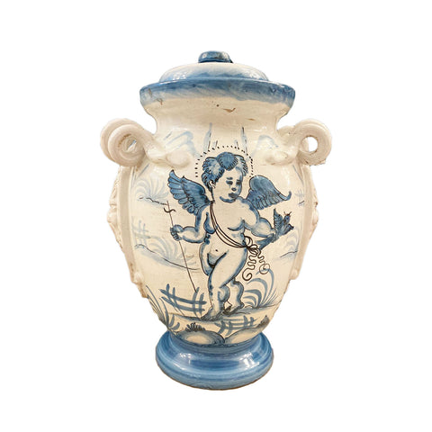LEONA Barattolo artigianale vaso SALONA ceramica bianca con decori blu Ø20 H31cm