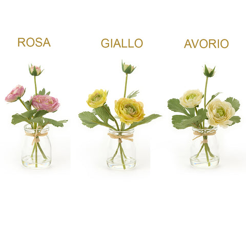 NUVOLE DI STOFFA Vasetto vaso in vetro con fiori Ranuncoli 3 varianti 17 cm