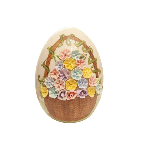SBORDONE Uovo con cestino e fiori artigianale decoro pasquale in porcellana H14cm