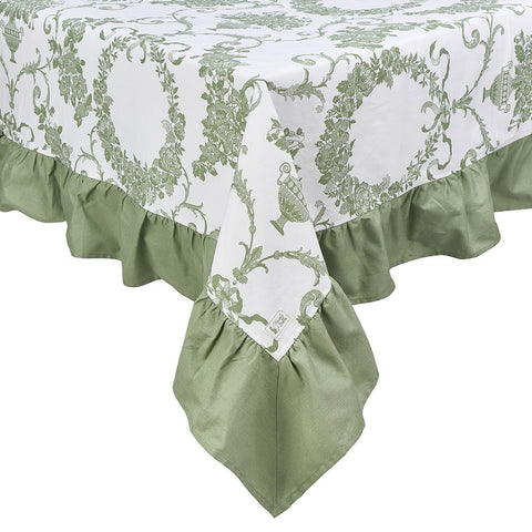 NUVOLE DI STOFFA Tovaglia rettangolare copritavolo con fiori da tavola bianca e verde con balza in cotone, Chloe 2 varianti