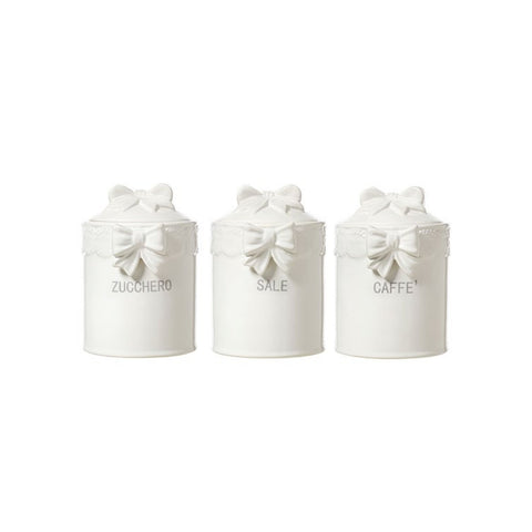 L'ARTE DI NACCHI Set 3 barattoli con fiocchi ceramica bianca 11x12,5x16 cm KF-33