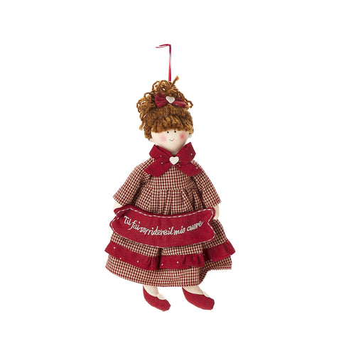 NUVOLE DI STOFFA Bambola con dedica decoro da appendere tessuto rosso H30 cm