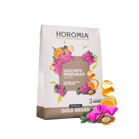 HOROMIA Set 3 sacchetti profumati riso naturale GOLD ARGAN profumatori multiuso