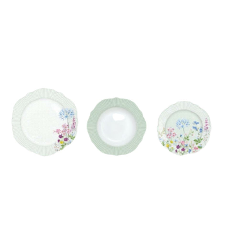 EASY LIFE Set 18 porcelain plates with green FLORAISON flowers Ø 26/ 23/  20cm