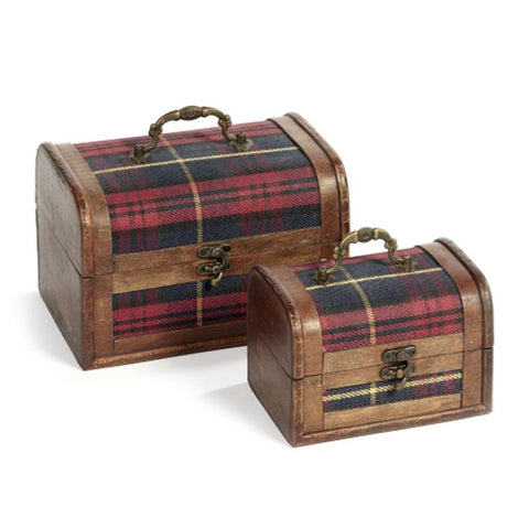 GOODWILL Set 2 valigie coppia bauli contenitori in legno scozzese blu/rosso H22 cm