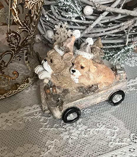 Clayre & Eef Decorazione natalizia carrello con cani grigio in poliresina 10x6x9 cm