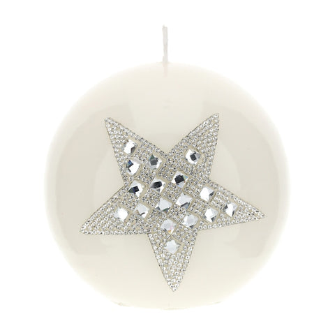HERVIT Candela sfera con stella cristalli paraffina bianco laccato Ø10 cm
