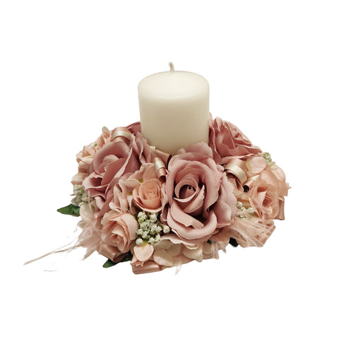 FIORI DI LENA Centrotavola con 4 rose, ortensie e piume con candela Ø28 cm