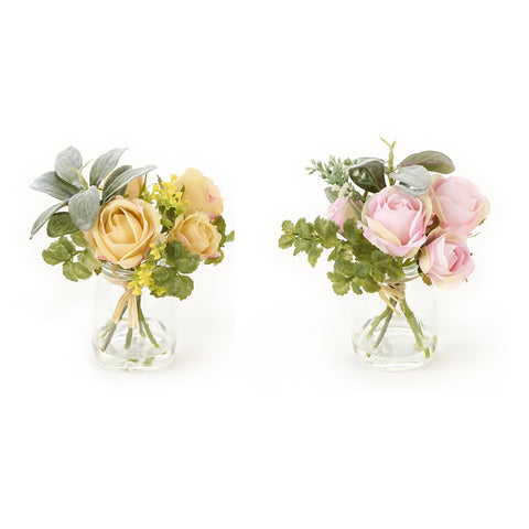 NUVOLE DI STOFFA Bouquet rosa fiore artificiale finto da esposizione con vaso in vetro Chloe 2 varianti h16cm