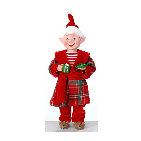 VETUR Statuina natalizia Elfo con caffè e pigiama tartan rosso h30 cm