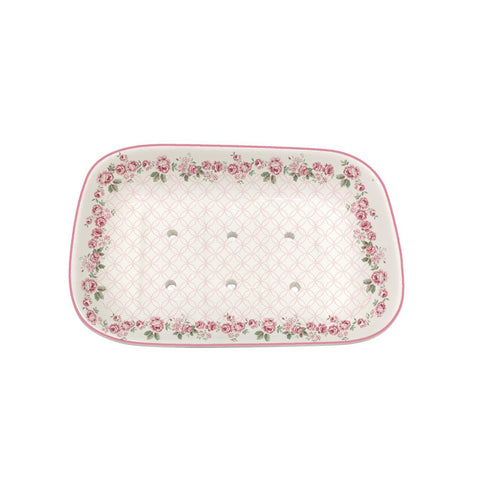 ISABELLE ROSE Porta saponetta in porcellana bianca con fiori rosa 13×8,9×2,9 cm