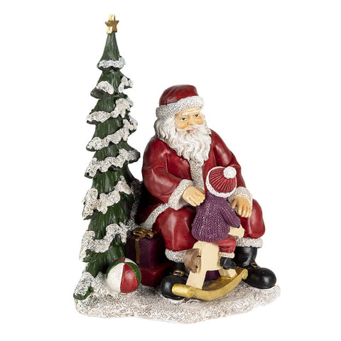 CLAYRE E EEF Statuetta Babbo Natale con bambino albero di Natale e cavallo a dondolo 16x13x22 cm