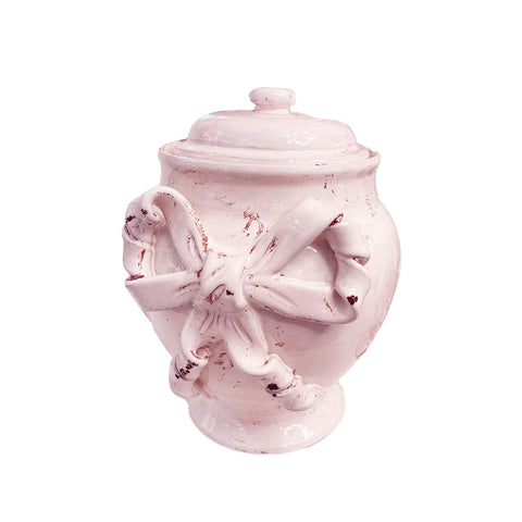 LEONA Potiche con coperchio Shabby Chic ceramica rosa con fiocchi H33 cm