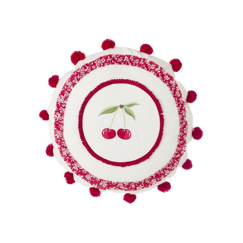 BLANC MARICLO' Cuscino arredo tondo bianco e rosso con ciliegie e pompon Ø50 cm