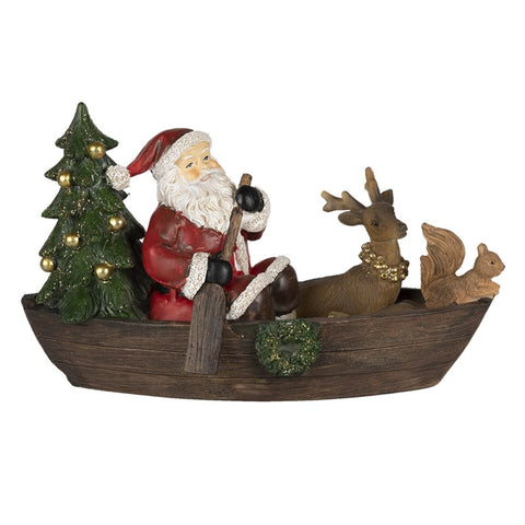 CLAYRE E EEF Decorazione Natalizia Statuetta Babbo Natale con renna su barca 22x10x13 cm