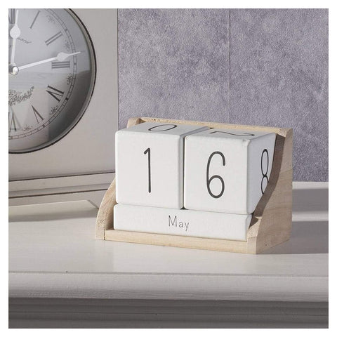Boltze Calendario perpetuo bianco/nero da tavolo con base in legno e mesi in inglese, vintage Shabby Chic 14x7x9cm