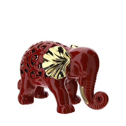 HERVIT Decorazione statuina elefante porcellana rosso e oro traforata 21x13 cm