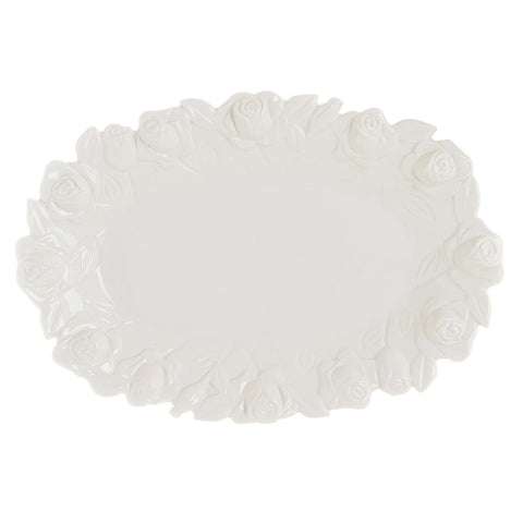 BLANC MARICLO' Vassoio ovale con roselline rilievo ceramica bianca 31x21x4 cm
