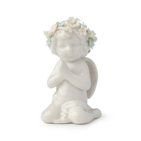 HERVIT Decoro Bomboniera Angelo in porcellana con coroncina di fiori bianco 10cm