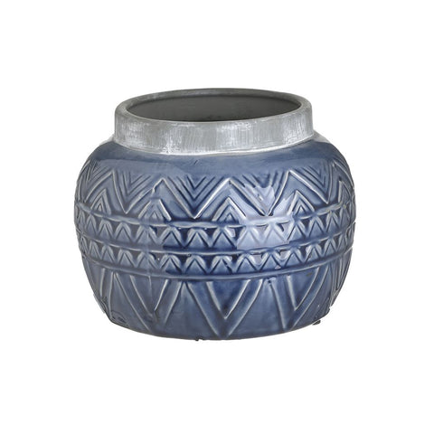 INART Vaso decorativo rotondo per piante o fiori da interno blu lucido in ceramica effetto anticato con ornamenti, moderno / Vintage