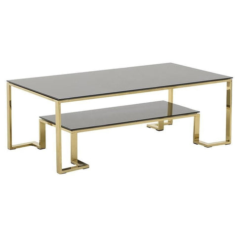 INART Tavolino basso con piani in vetro nero e base in metallo oro 130x70x45 cm