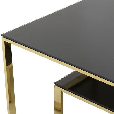 INART Tavolino basso con piani in vetro nero e base in metallo oro 130x70x45 cm