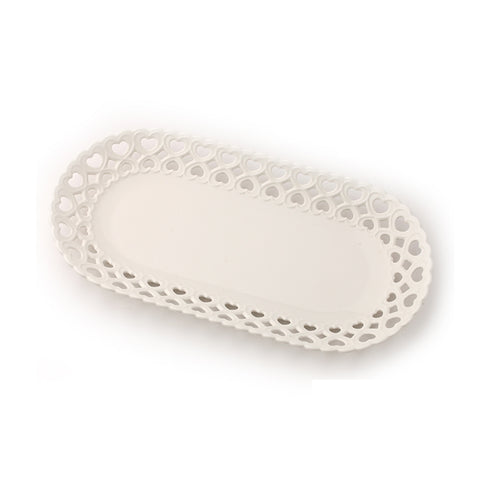 HERVIT Vassoio ovale con decoro a cuori traforata porcellana bianca 15x30 cm
