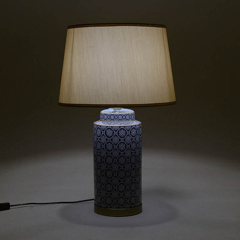 INART Lampada da tavolo ceramica beige e blu con cappello tessuto 40x40x70 cm