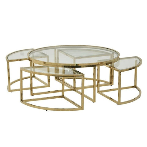 INART Tavolino basso tondo con sedie estraibili vetro e metallo oro Ø1 mt H45 cm
