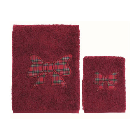 BLANC MARICLO' Set spugna set 2 asciugamani con fiocco tartan cotone rosso