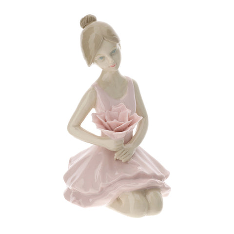 Hervit Ballerina inginocchiata in porcellana con fiore rosa 12cm