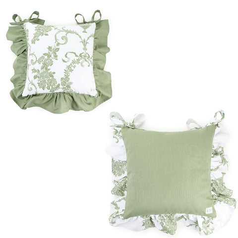 NUVOLE DI STOFFA Set due cuscini cucina bianco/verde coprisedia con balza e fiori Chloe 40x40+10 cm 2 varianti