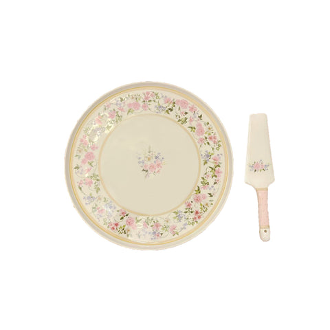 EASY LIFE Piatto torta + paletta porcellana con fantasia floreale rosa Ø32 cm