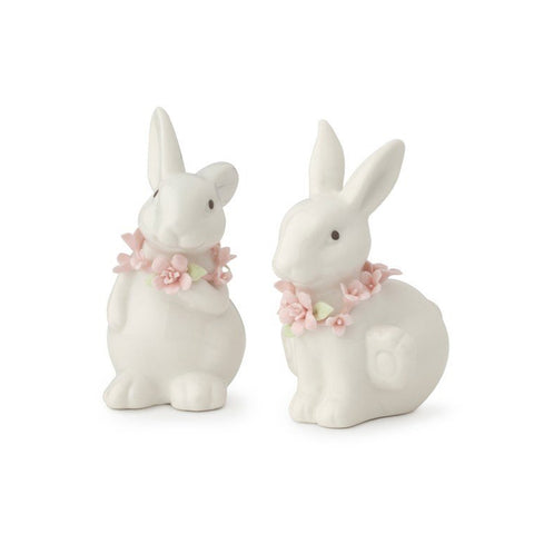 HERVIT Set 2 conigli in porcellana con fiori rosa H 10 cm 27866