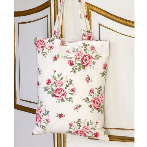 GREENGATE Borsa floreale shopper idea regalo in cotone bianco rosa H45 Ø34 cm