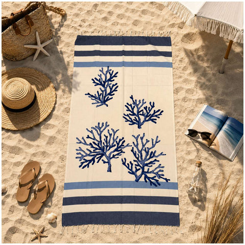 Asciugamano mare con coralli blu e righe, ideale per spiaggia e vacanze estive, stile marino