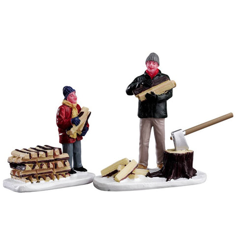 LEMAX Lot de deux personnages bûcher "Stacking Firewood" en polyrésine H7,3 cm