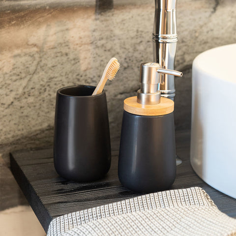 Estia Home Dispenser sapone in dolomite nero e bamboo 360 ml