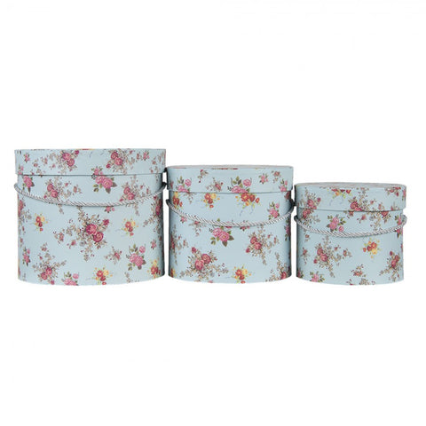 Clayre & Eef Set 3 Scatole contenitori in cartone celeste con fiori D23x19/D20x16/D17x14 cm